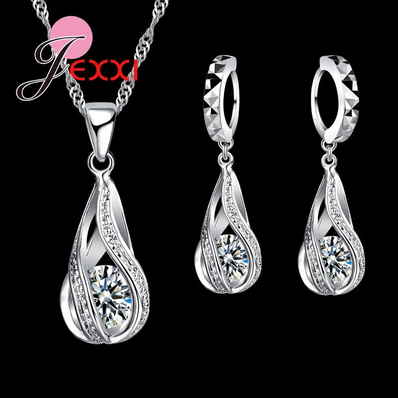 JEXXI 2018 New Water Drop CZ Jewelry Sets S90 Silver
